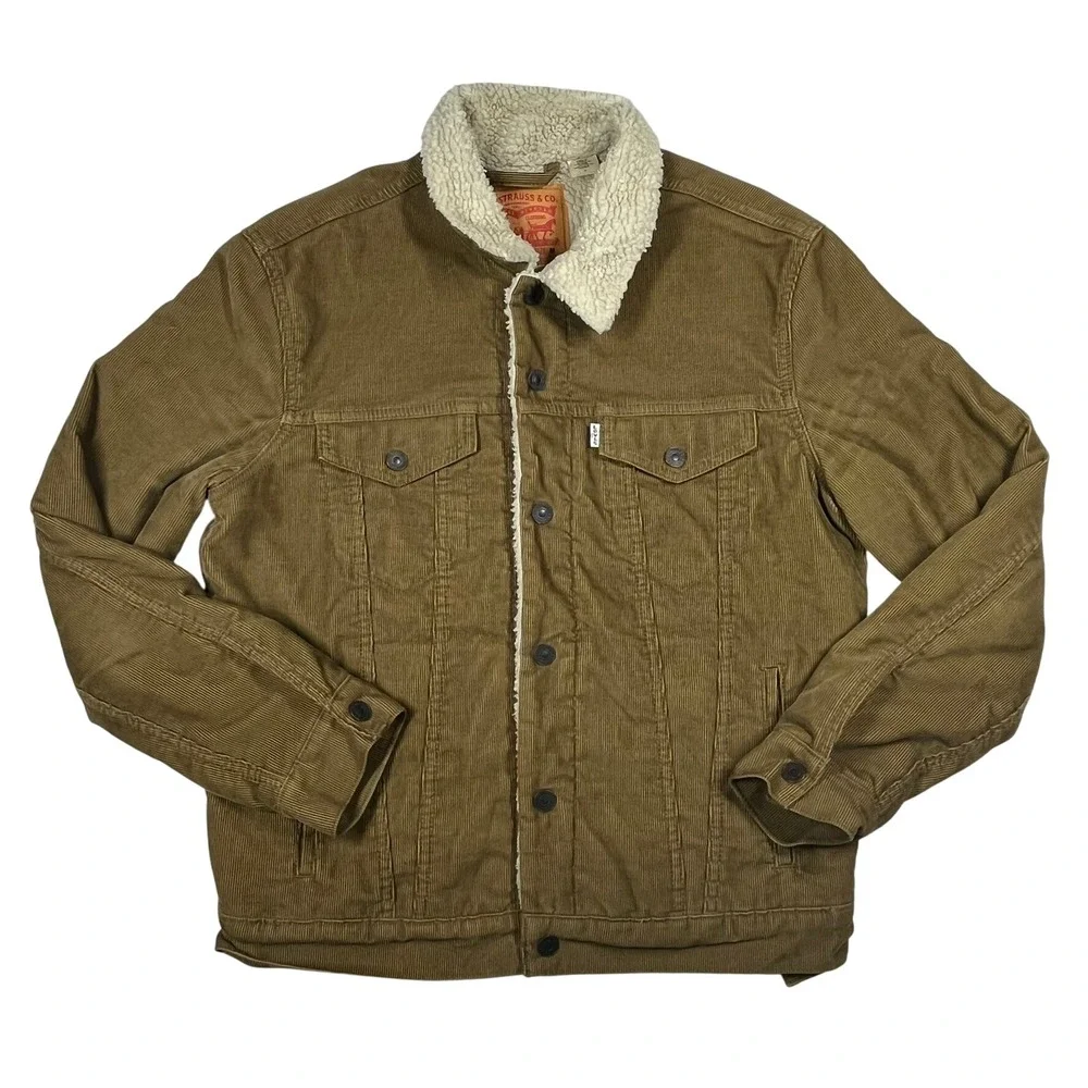 Levis Sherpa Lined Corduroy Trucker Jacket Mens Medium Tan Faux Fur Type 3 Coat